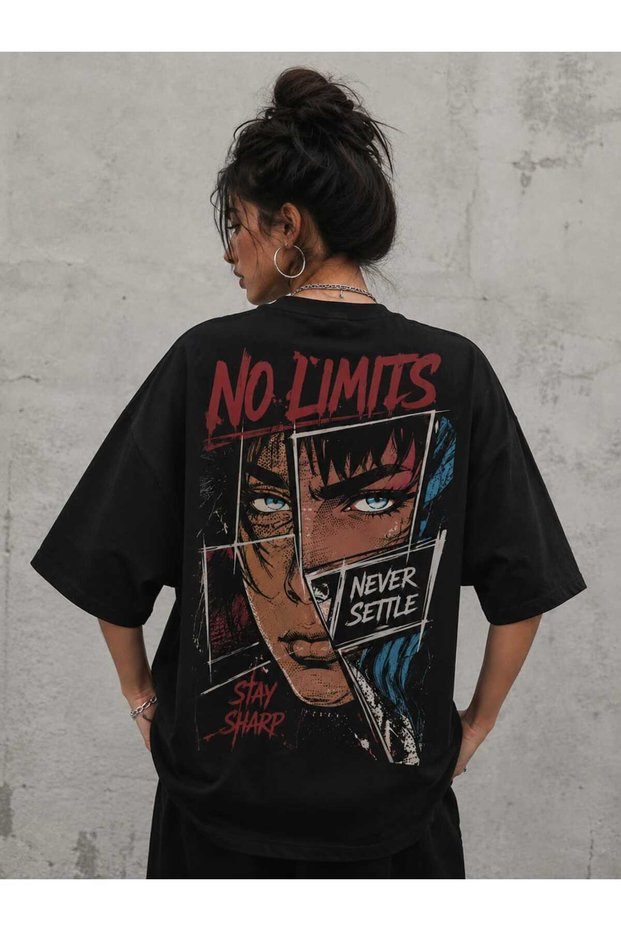 Street Anime Oversize Black Printed T-Shirt