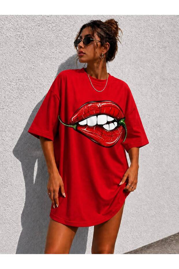 Women's Lip&Pepper Printed Oversize Crew Neck Tunic T-Shirt