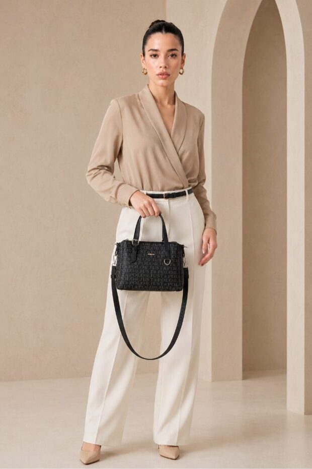 Women's Hand and Shoulder Bag with Logo, Multi-Compartment, Zippered, Stylish, Hand and Crossbody Bag, Black