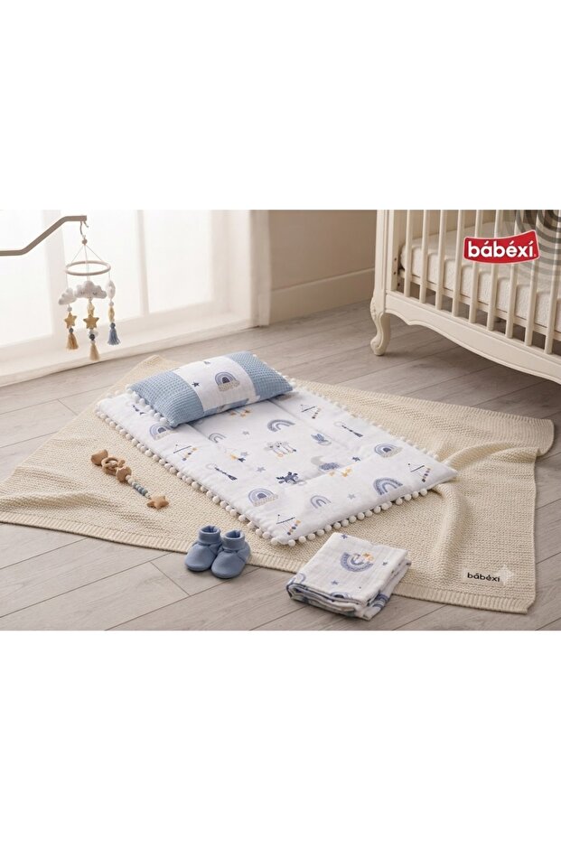 100% Cotton Patterned Double-Sided Bottom Opening Cushion Muslin Waffle Pique Fiber Filling 2 Pack Blue