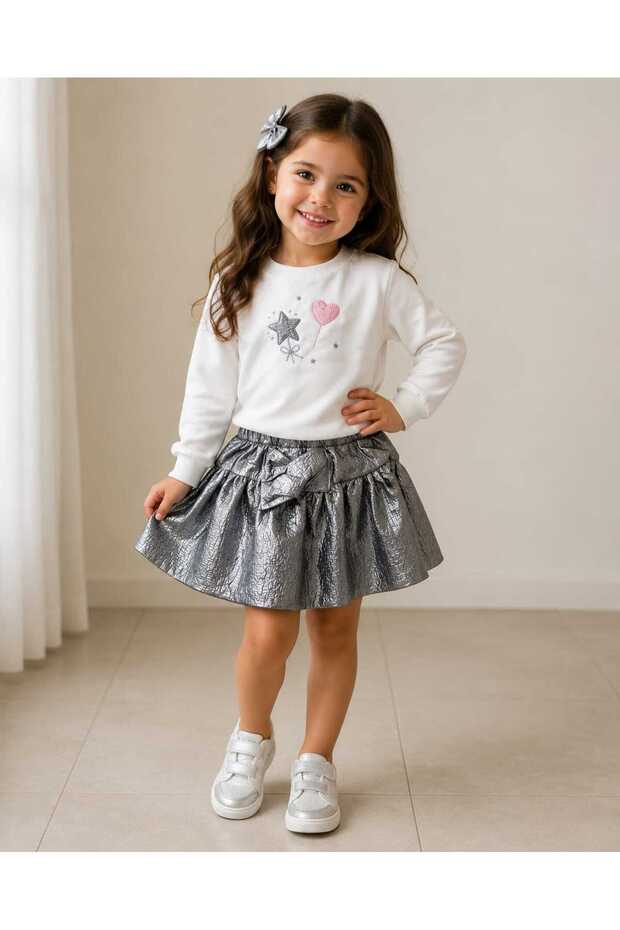 Girl's Star and Heart Embroidered 2-Piece Set with Bow and Shiny Skirt