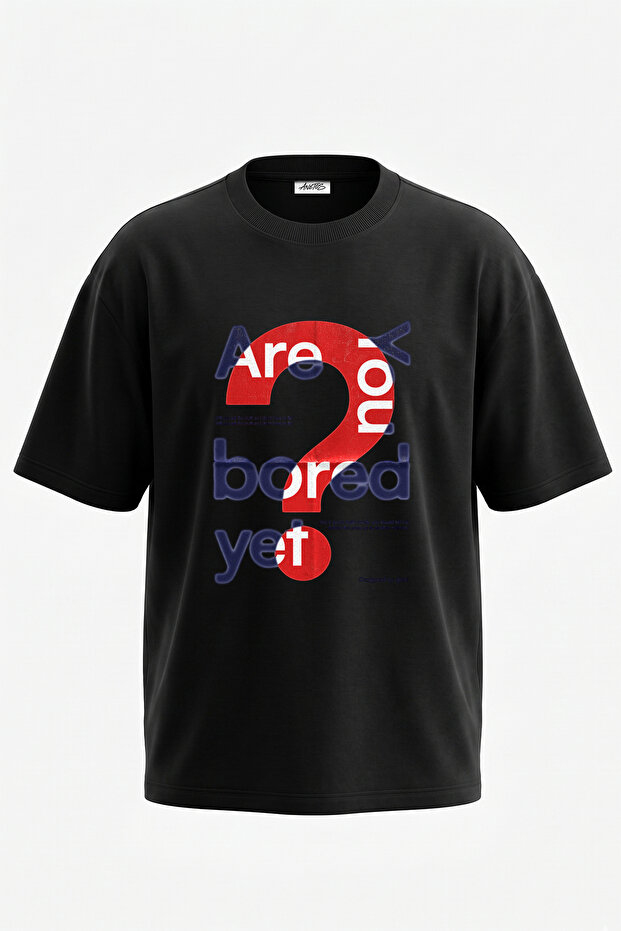 تي شيرت أسود كبير الحجم مطبوع عليه تصميم Question Mark Bored