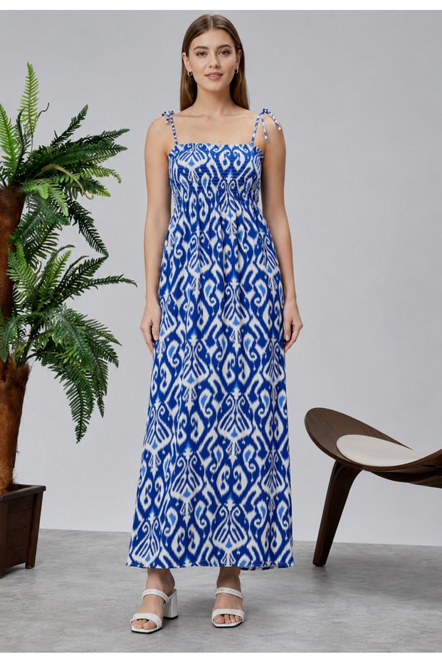 Patterned Cotton Long Summer Blue Patterned Women's Dress - Shoulder Tie Strap Gathered Gipeli Women's Comfortable Dress