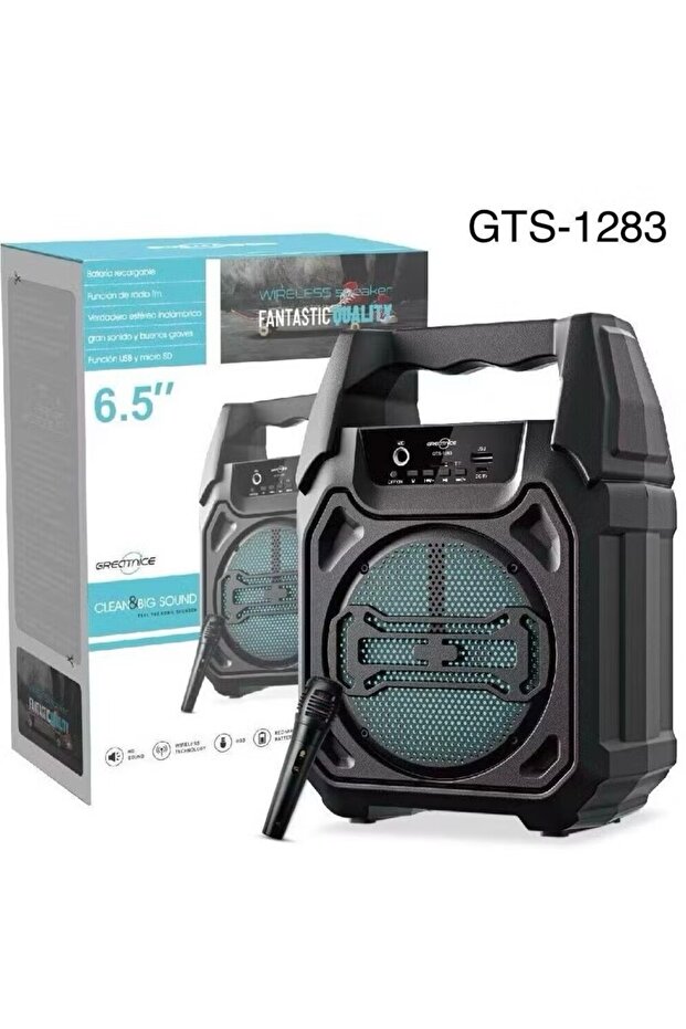 GTS–1283 مكبر صوت لاسلكي ستيريو HD Sonic Thunder مقاس 6.5 بوصة مع ميكروفون مجاني، مزود بمنفذ USB، وبطارية قابلة لإعادة الشحن، ووظيفة Micro SD، وراديو FM.