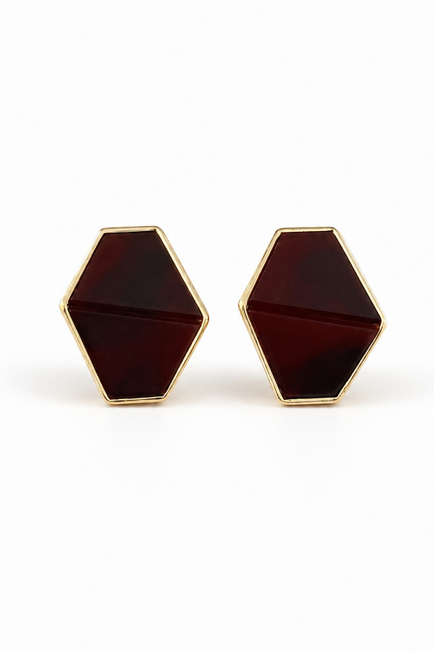 Geometric Burgundy Enamel Hexagonal Gold Color Women's Earrings | Modern Stylish Daily Use