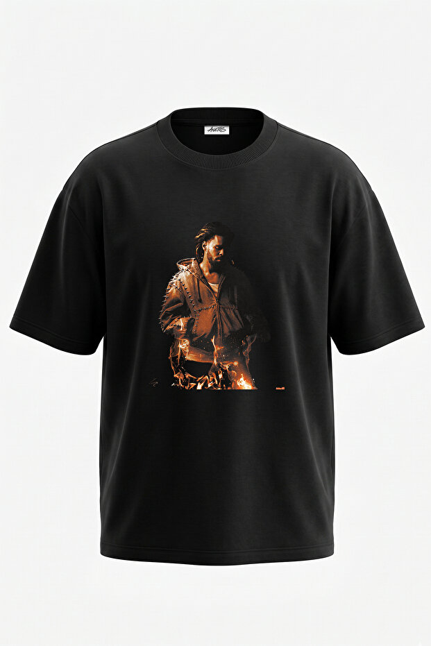 J Cole_1 Design Printed Oversize Black T-Shirt