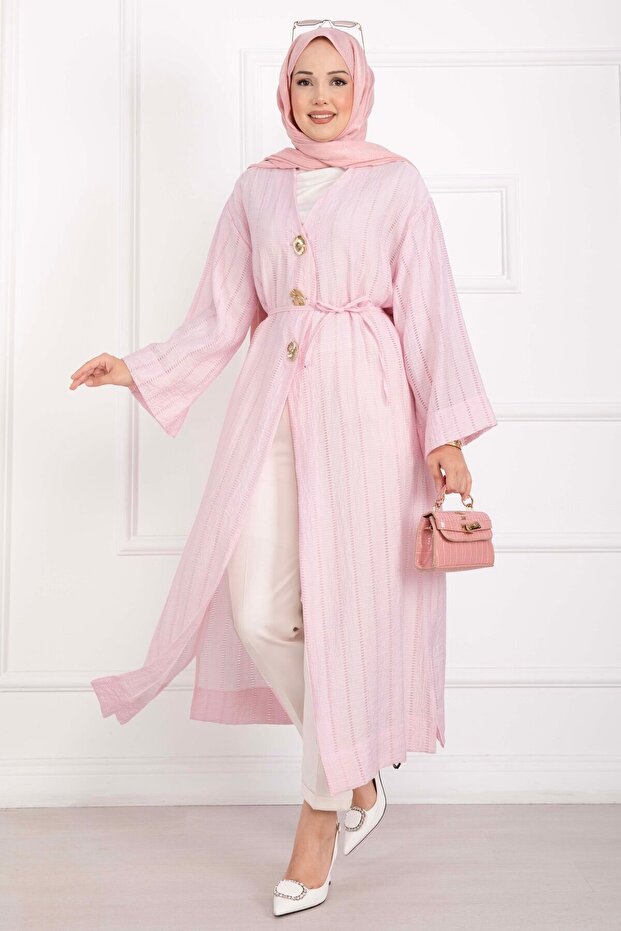 Gold Buttoned Lace-Up Long Kimono Pink