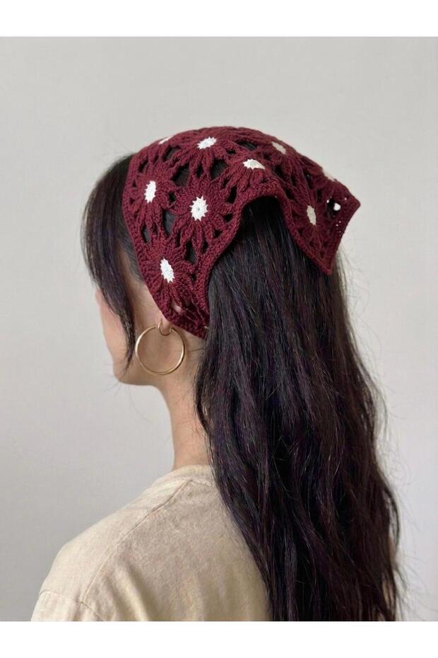Burgundy Daisy Patterned Summer Bandana, Knitted Patterned Bohemian Bandana & Waist Scarf