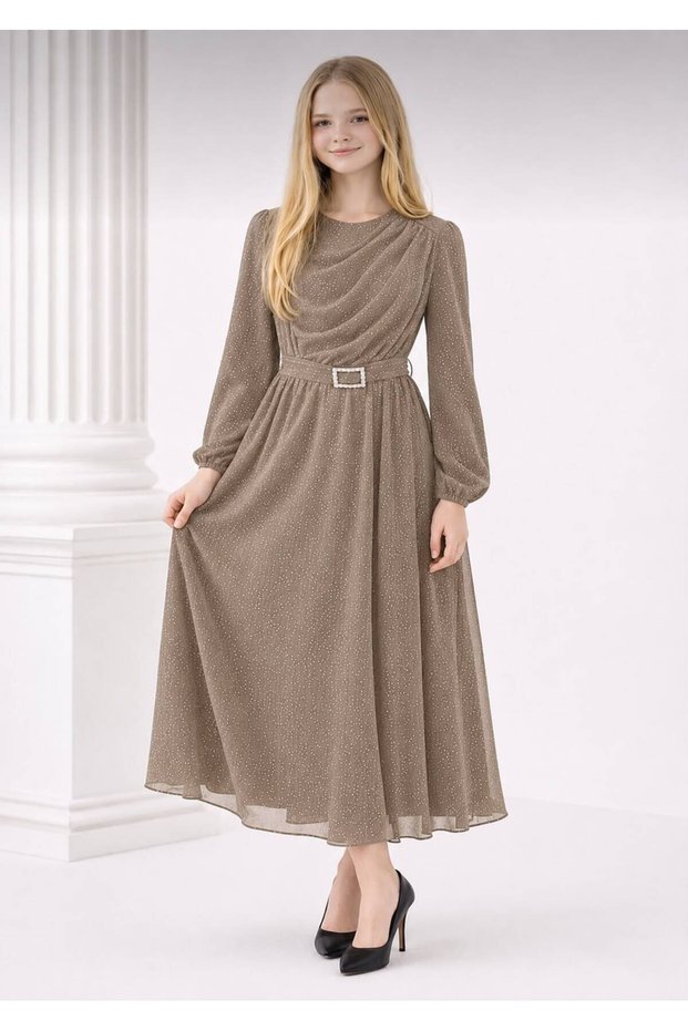 Silvery Stone Belt Detail Girls' Dress Evening Gown