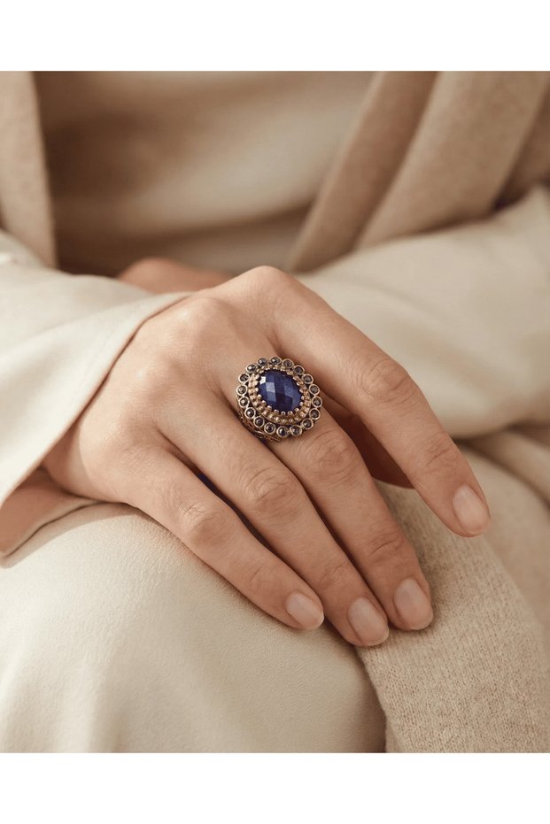 Bronze Jewelry Authentic Blue Crystal Stone Oval Model Row Stone Adjustable Vintage Women's Ring