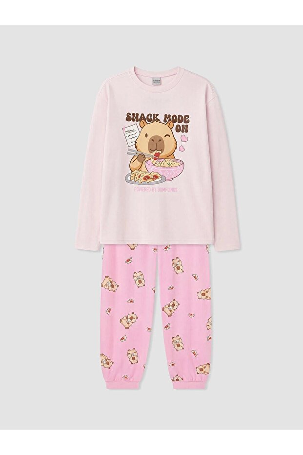 Crew Neck Printed Girls' Pajama Set (W6)