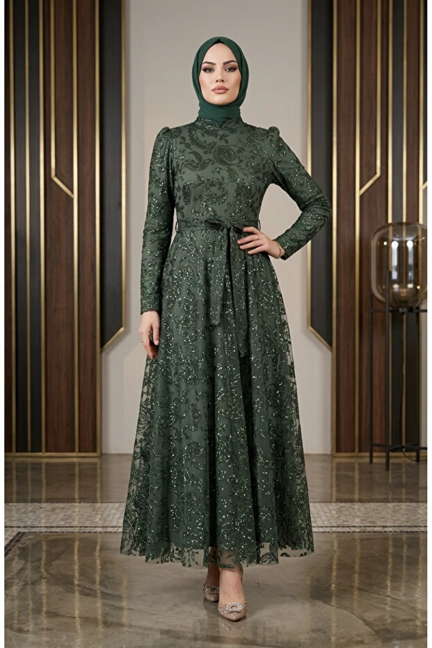 Silvery Belted Hijab Evening Dress 5808-05 Khaki