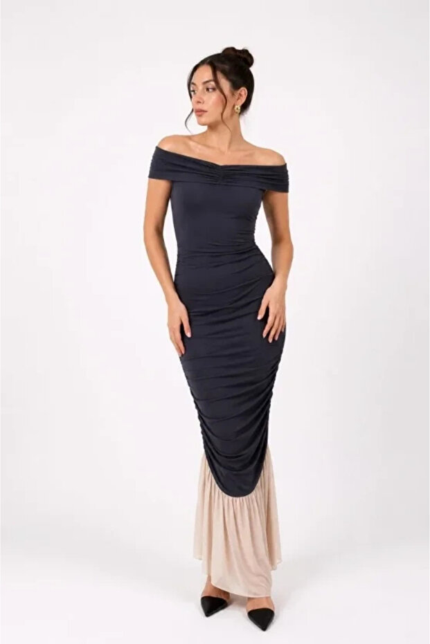Madonna Collar Draped Gathered Detailed Fish Cut Long Evening Dress