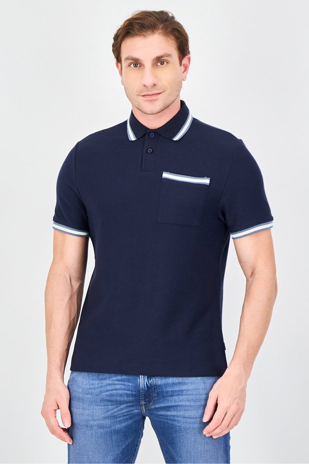Men Regular Fit Textured Short Sleeve Polo Shirt, Navy