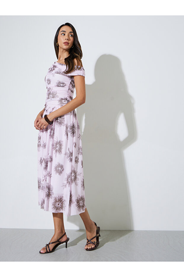 Pink Floral One Shoulder A-Line Midi Dress