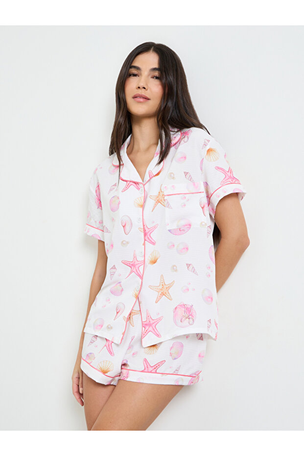 Shell & Starfish Piped Pocket Ss Shirt & Short Set