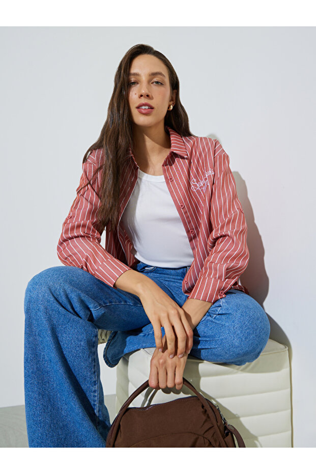 Red Back Embroidered Striped Oversized Shirt
