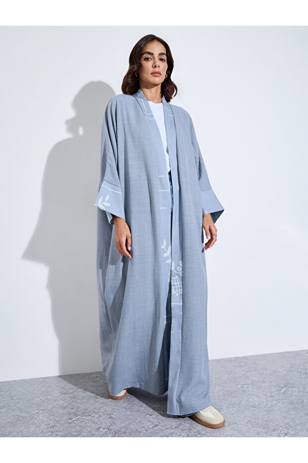 Light Blue Graphic Embroidered Open Front Abaya