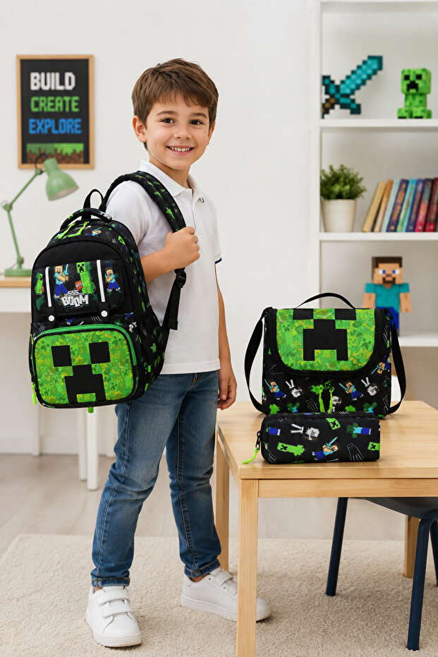3-Piece Primary School School Bag Set - Waterproof School Bag with Lunch Bag, Pencil Case and Shoulder Bag 40X30X20 cm
