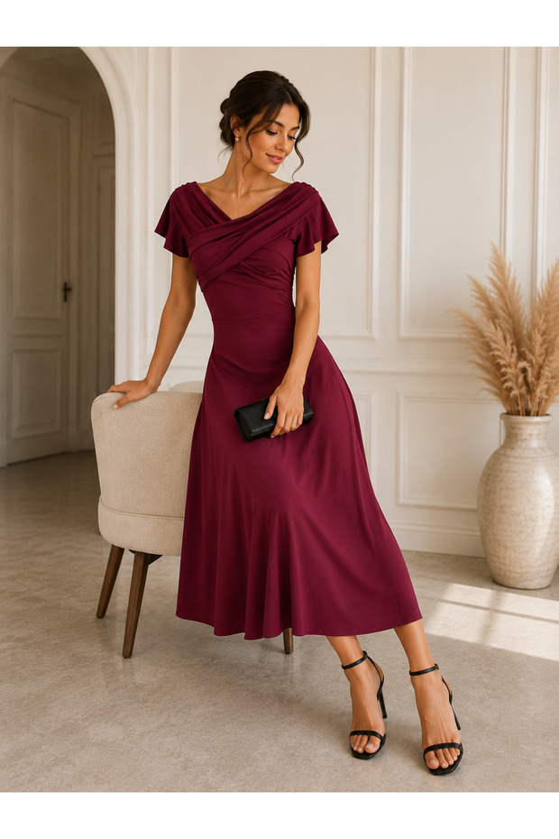 Timeless Elegance - Women's Boat Neck Short Sleeve Long Sandy Dress