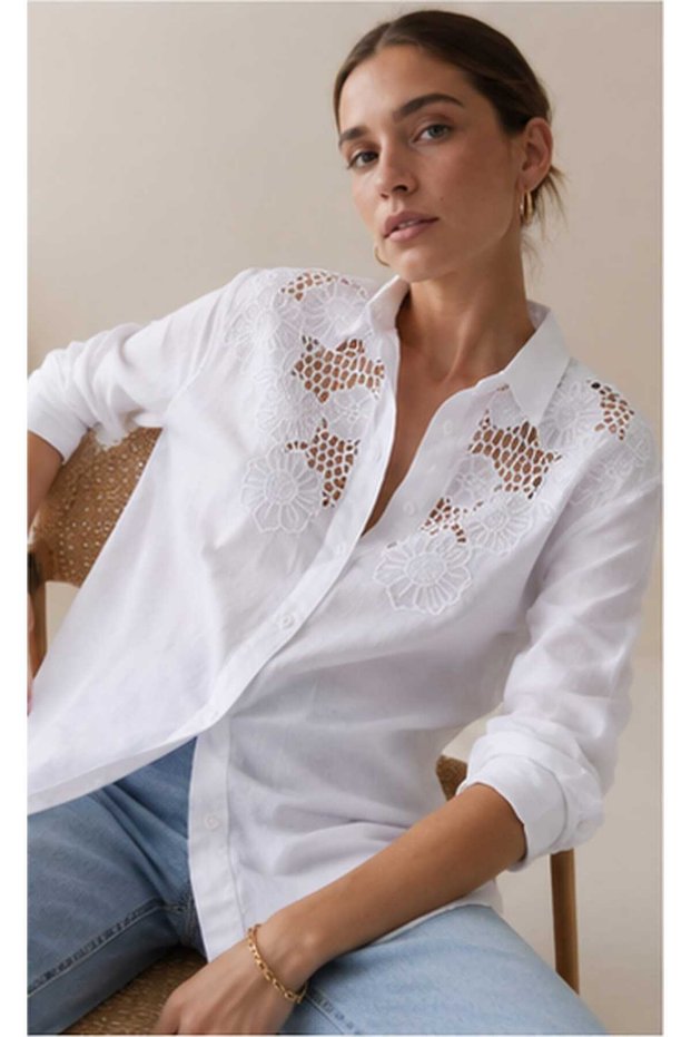 Premium 100% Cotton Women's Shirt with Chest Patch Embroidery and Sequin Detail, Comfortable Fit
