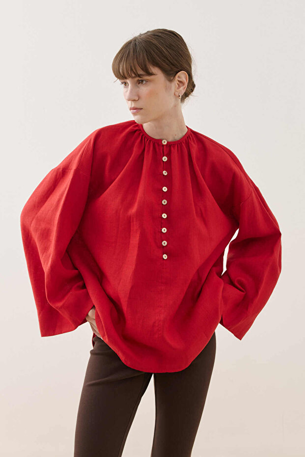 Crew Neck Linen Shirt Red