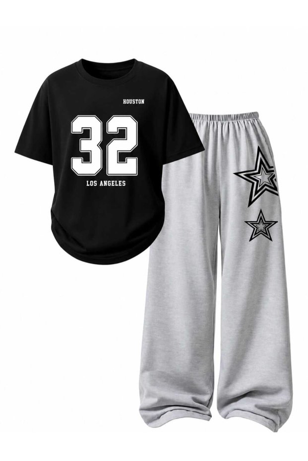 Oversize 32 Printed Black Gray T-Shirt-Shorts Set