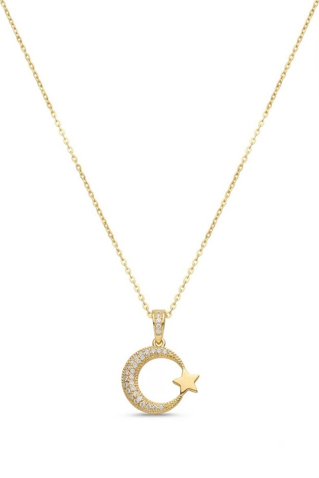 Women's Moon Star Figured Gold Color Stainless Steel Necklace Stylish Daily Necklace