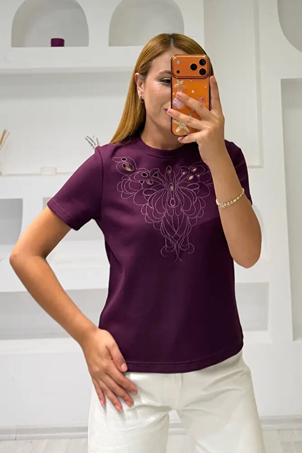 Soft Touch Modal Fabric Embroidered Laser Cut T-Shirt