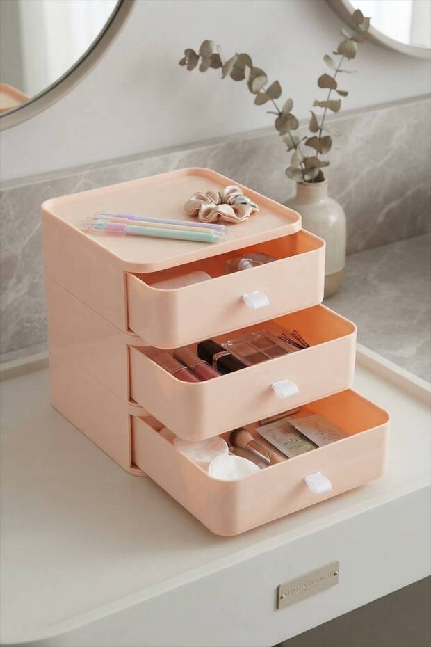 3-Tier Pink Drawer Jewelry Box Makeup and Cosmetic Organizer Drawer Office Desk Organizer