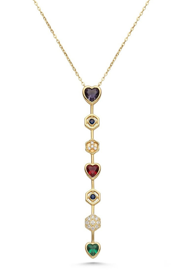 Women's Gold Color 7 Element Stone Y Model Stainless Steel Y Necklace