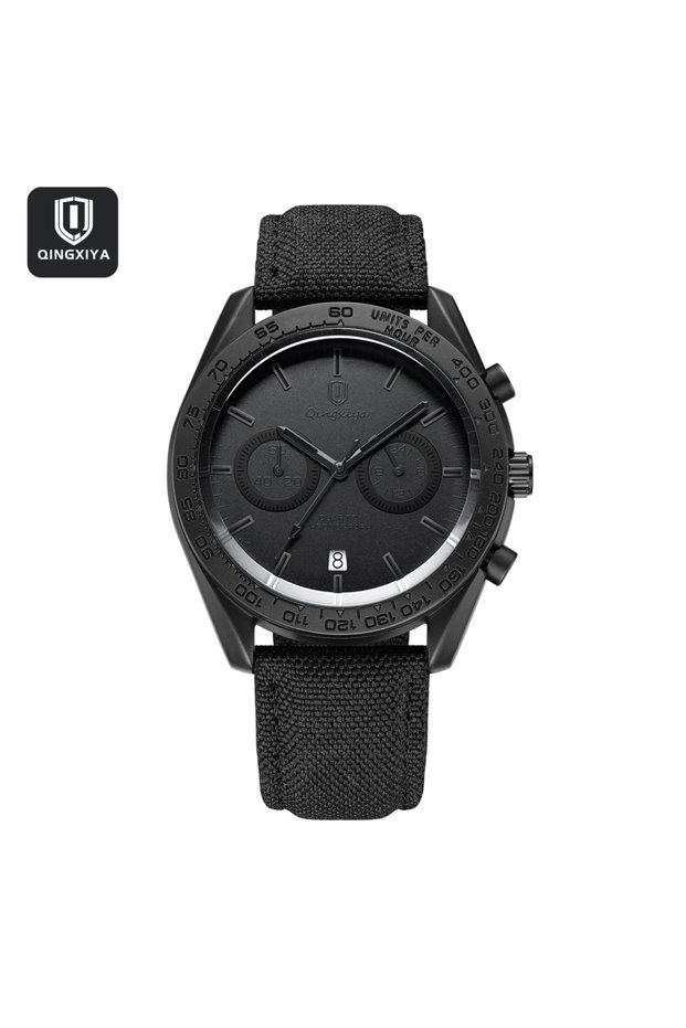 9801 Black QINGXIYA Fashion Chronograph Quartz Watch for Men Sports Leather Strap Waterproof Date Lu