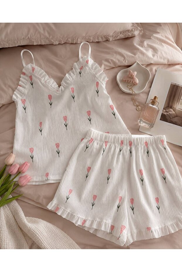 La Tulipe Women's Tulip Patterned Ruffle Detailed Strap Shorts Set