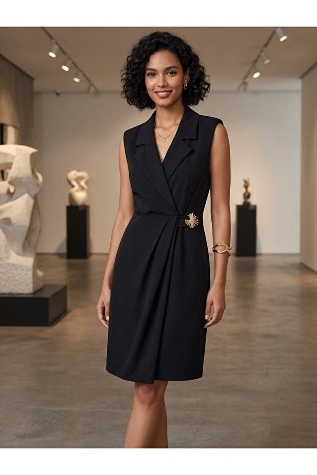 Double-Breasted Collar Premium Sleeveless Mini Dress
