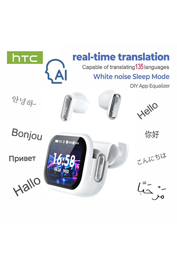 سماعات أذن لاسلكية HTC NE68 TWS بيضاء بتقنية الذكاء الاصطناعي، بلوتوث 5.3، إلغاء الضوضاء ENC، شاشة LED رقمية، تصميم مفتوح
