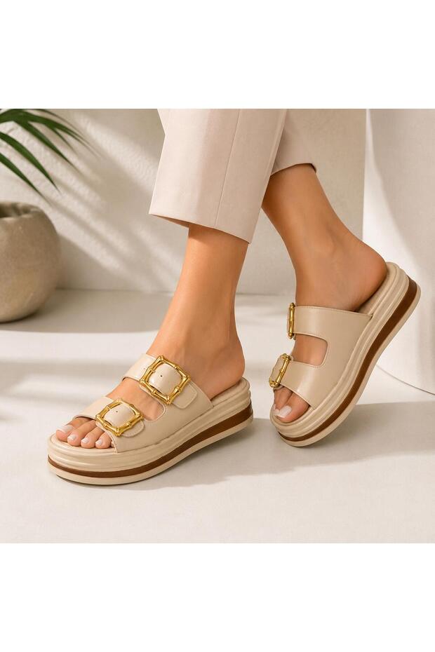 Cream Women's Platform Sole Slippers - Double Gold Buckle