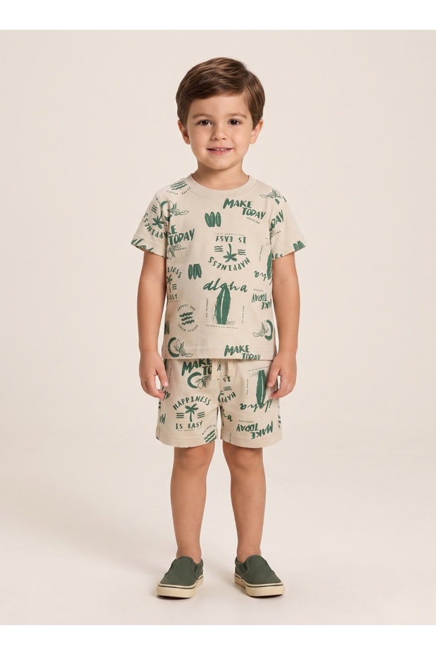 Boys Beige Green Summer Shorts Set