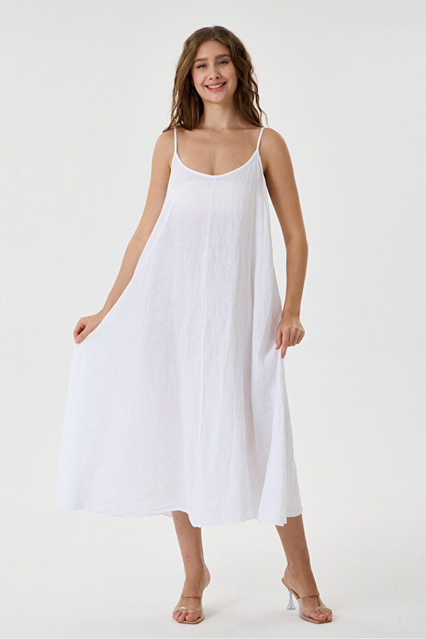 White Italian 100% Linen Long Linen Dress with Straps Size 38 - 42