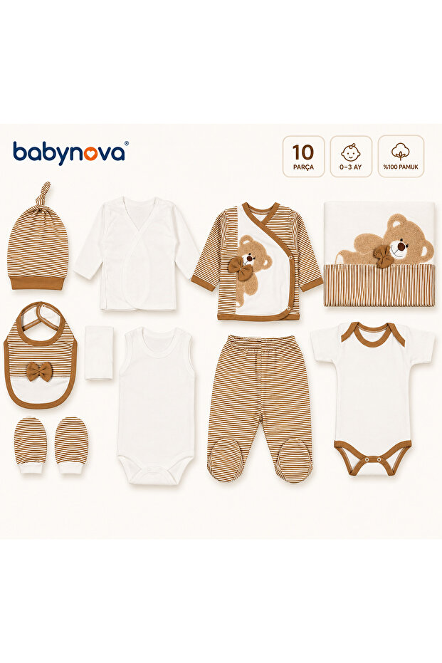 Babynova Premium Coffee Striped Teddy Bear Embroidered 10 Piece Baby Set