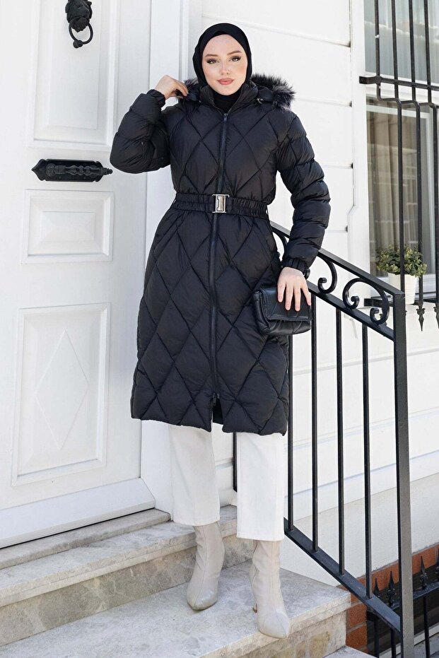 Loren Belted Hooded Quilted Coat Black 6158