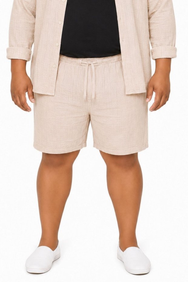 Battal Size Men's Beige Muslin Shorts 100% Cotton Above Knee Comfortable Fit