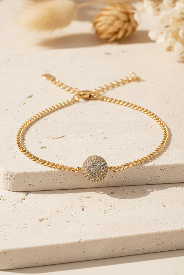 Yellow Color Chain Detailed Stone Round Charm Bijouterie Bracelet