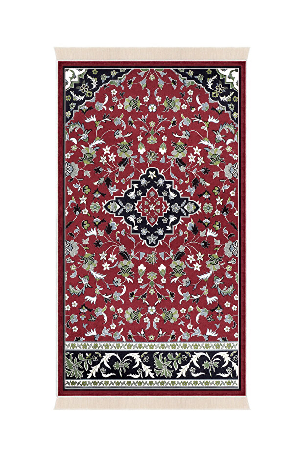 Burgundy Ravza Pattern Bamboo Carpet Prayer Mat