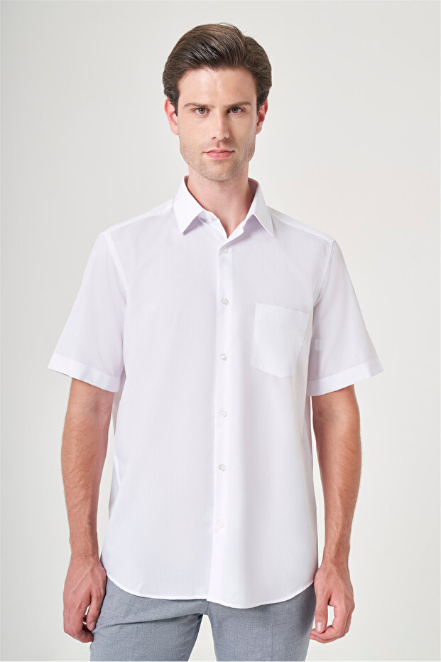 White Hard Collar Short Sleeve Pocket Comfort Fit Cotton Shirt 1004260258