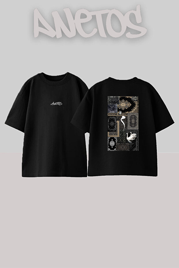 Oriental Rug Swans Design Back Printed Cotton Black Oversize T-Shirt