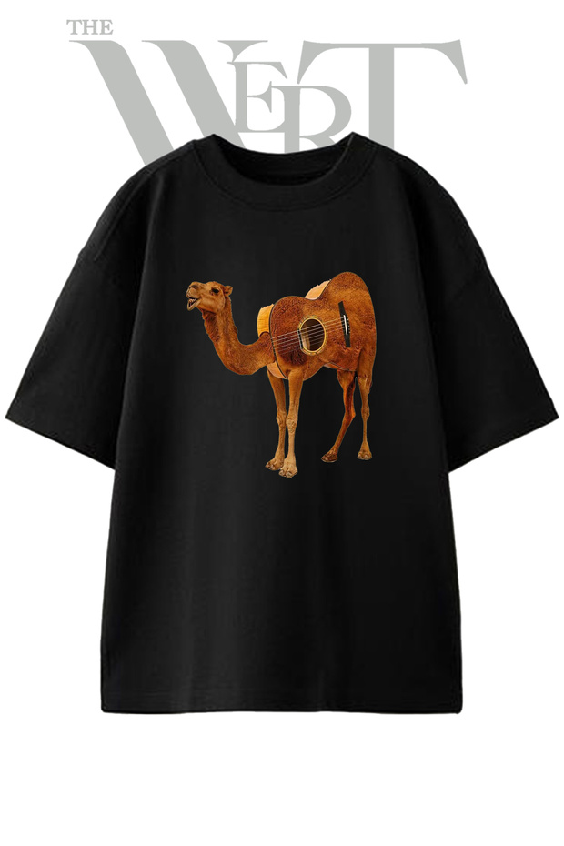 Camel Guitar Design Printed Unisex Black Oversize T-Shirt