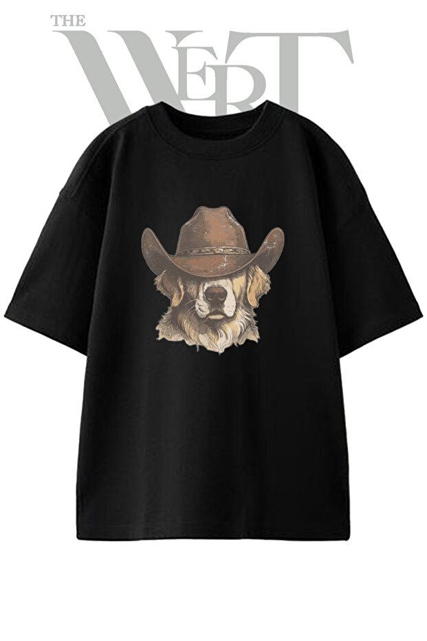 Cowboy Dog Design Printed Unisex Black Oversize T-Shirt