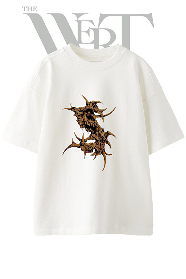 Satan Creature Design Printed Unisex White Oversize T-Shirt