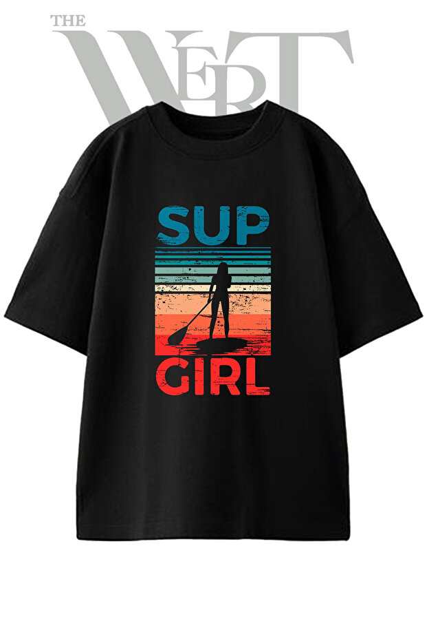 Sup Girl Design Printed Unisex Black Oversize T-Shirt