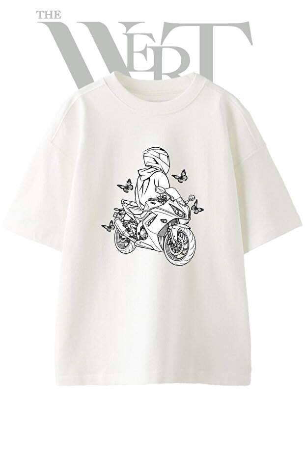 Sports Motor Design Printed Unisex White Oversize T-Shirt